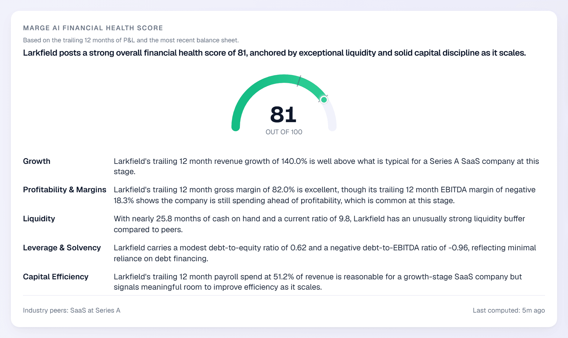 The financial health score reading 81 out of 100, with a sentence explaining growth, profitability, liquidity, leverage and capital efficiency for a Series A SaaS company.